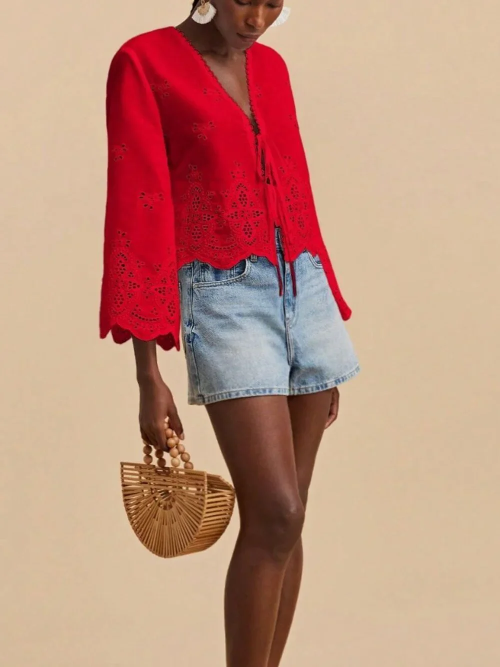 Red Casual Women's Deep V Neck Woven Blouse With Flare Sleeves